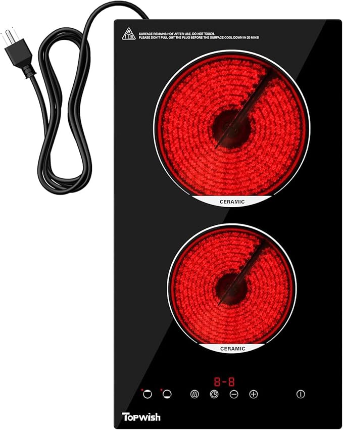 TOPWISH 12 Inch Electric Cooktop, 2 Burners Built-in Electric Stove Top Hot Plate, Drop-in Ceramic Cooktop Kitchen Stoves with Touch Control, Safety Lock, Timer, Overheat Protection, 120V Plug in