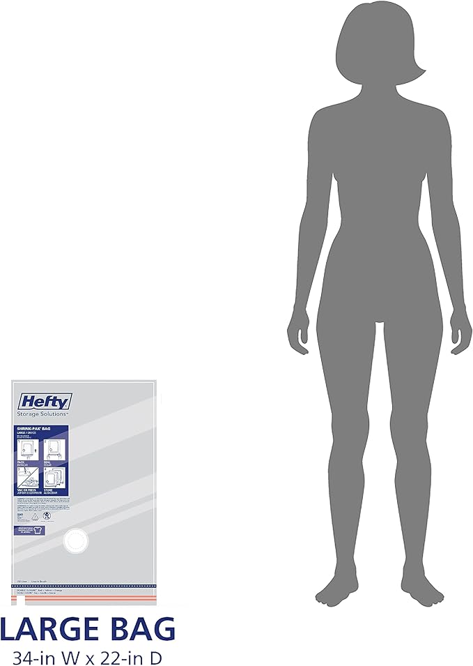 Hefty Vacuum Bags for Clothes 4 Pack, Space Saving Large Vacuum Storage Bags (34 X 22 Inches) Compression Seal for Bedding, Travel Pump Included (4 Large Heavy Duty)