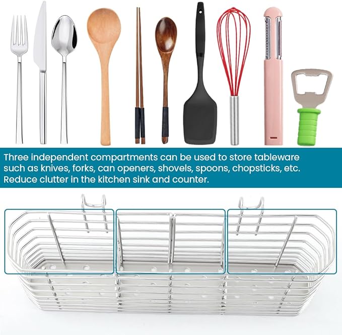 Utensil Drying Rack, 304 Stainless Steel Utensil Organizer Holder No Drilling Kitchen Drainage Basket with 3 Divided Compartments(COLOR:Silver)