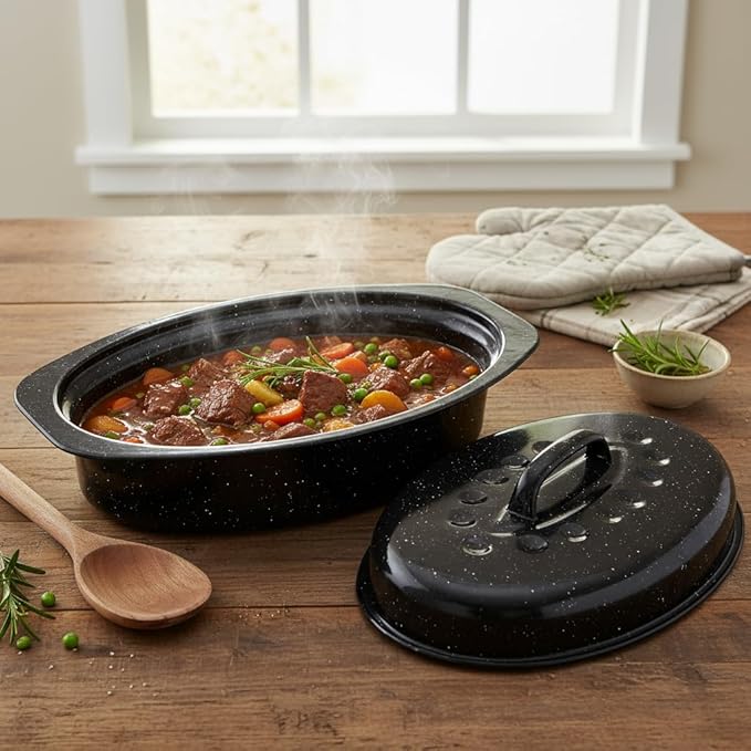 Enamel Roaster Pan With Lid and Rack Set 13"19"Granite Roasting Pans, Oval Large Turkey Baking Pan Suitable for Cooking 20lb Poultry and Beef High Temperature Resistance Oven Cookware