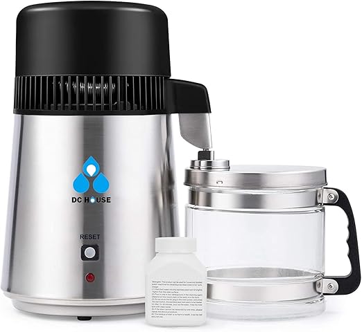 DC House Distilled Water Machine 1 Gallon, Stainless Steel Water Distiller for Home Countertop 110V 750W Purifier for Humidifier Office CPAP with Smart Switch, Glass Pot