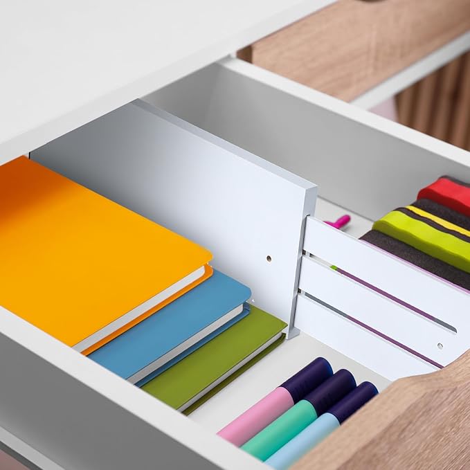 DoubleFill 4 Pcs Deep Bamboo Drawer Dividers, Deep Kitchen Dresser Drawer Organizer with Spring Loaded for Clothes, Adjustable Expandable from 15-22 Inch(6 Inch,White)