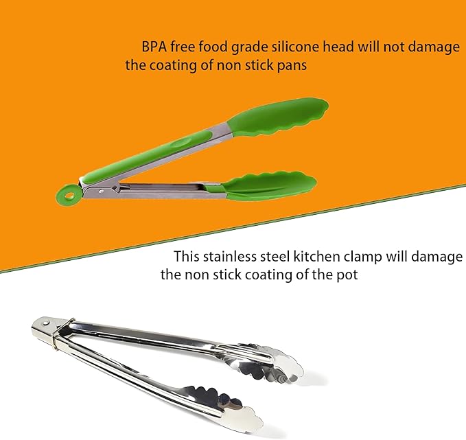 Kitchen Tongs with Silicone Tips,Tongs for Cooking Heat Resistant 600 Degrees Stainless Steel Locking Tongs,Grass Green Set of 3-7", 9" and 12"