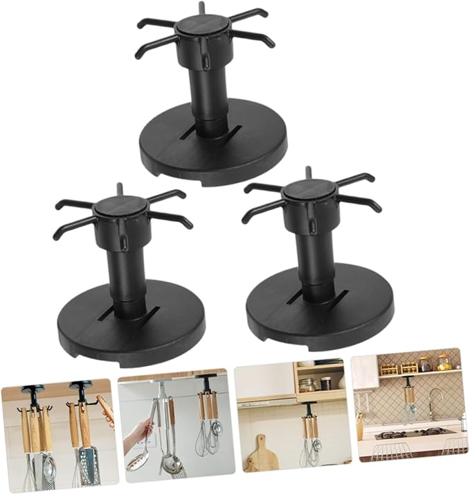 Lurrose 3pcs Rotating Kitchen Utensil Hooks Set, Black Metal Hanging Rack for Spatula Spoon Storage, Under Cabinet Organizer for Kitchen Cooking Tools