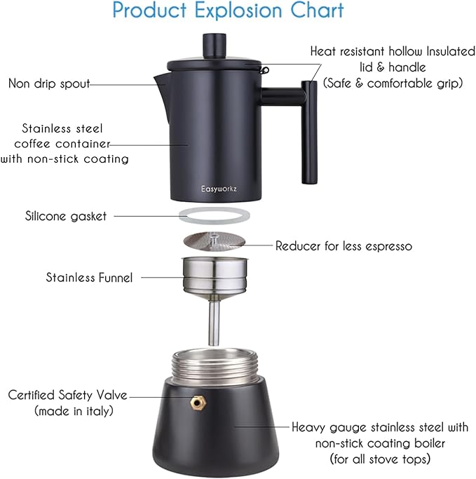 Easyworkz Diego Stovetop Espresso Maker Stainless Steel Italian Coffee Machine Maker 12Cup 17.5 oz Moka Pot Induction Espresso Pot - Matte Black