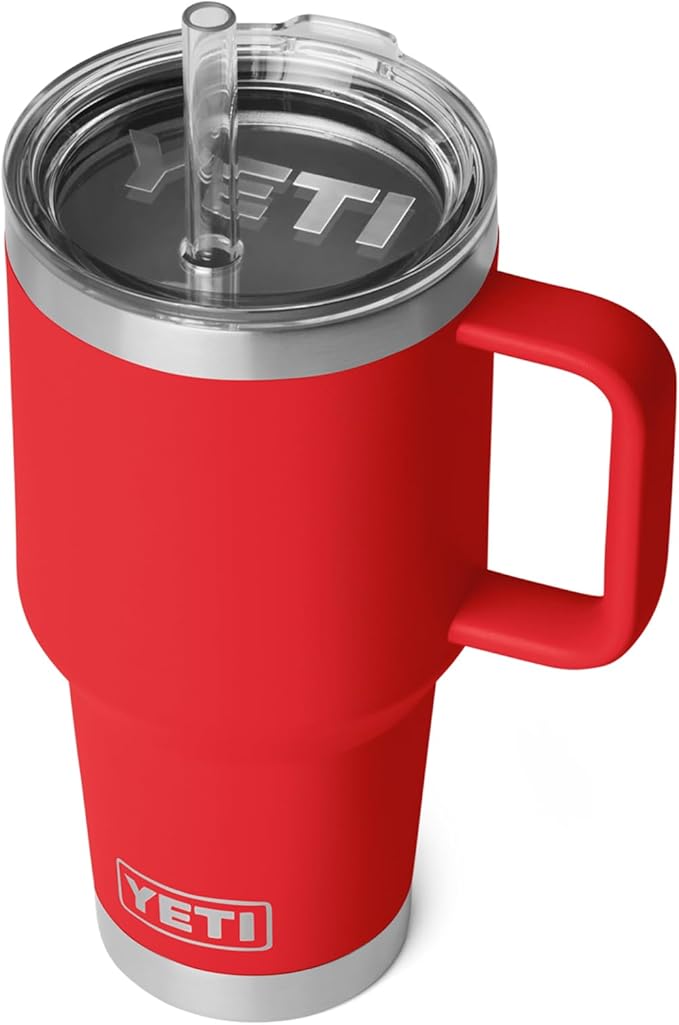 YETI Rambler 35 oz Straw Mug 2.0 - Double-Wall Vacuum Insulation for Cold Beverages – Dishwasher Safe – Cupholder Compatible – Reusable Straw – Comfortable Grip Handle – Travel Mug - Rescue Red