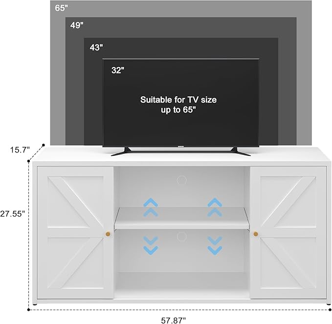 Metal TV Stand for 65 Inch TV, Farmhouse TV Entertainment Center with Storage Cabinets and Adjustable Shelves, Modern Media TV Console Table, TV Cabinet for Living Room, Bedroom, White
