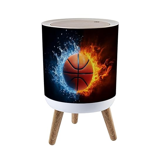 Trash Can with Lid Basketball Press Top Round Small Garbage Bin with Wooden Legs Waste Basket for Kitchen Bedroom Nursery 7L/1.8 Gallon