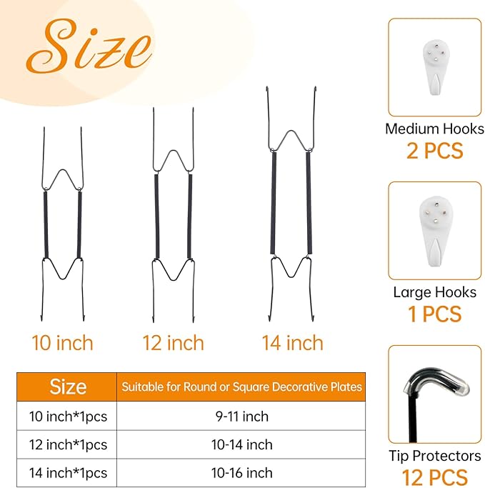 Bilillo 3-Piece Stainless Steel Wall Plate Hangers, 10/12/14 Inch Invisible Decorative Wire Plate Holders with 3 Pieces Wall Hooks for 8 to 16 Inch (Black)