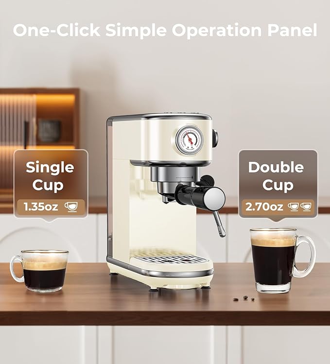 atatix 20 Bar Espresso Machine with Milk Frother, Compact Espresso Maker, Stainless Steel Coffee Machine with Precise Temp Control & 44oz Removable Water Tank for Latte, Cappuccino, Creamy White