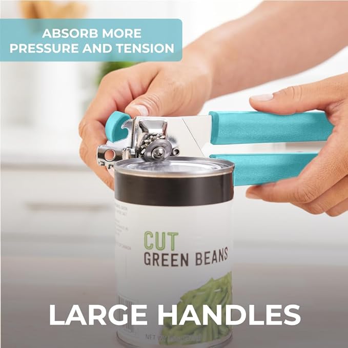 Kitchen Genie Heavy Duty Stainless Steel Manual Can Opener, Strong Blade for Smooth Edge Cuts, Open Cans Easily, Slip-Resistant Ergonomic Handle, Easy Turn Knob, Bottle Openers Included, Teal