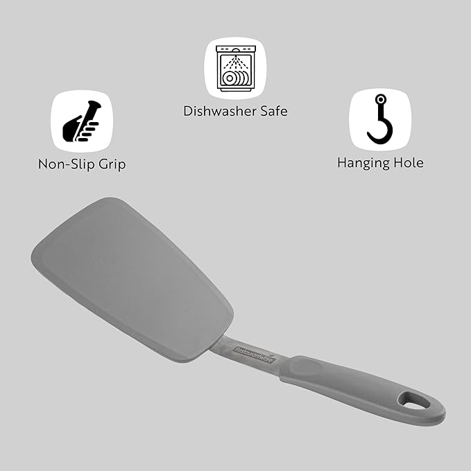 Restaurantware Comfy Grip Silicone Turner 1 Durable Cooking Turner - Stainless Steel Body Rubber Handle With Hole Black Silicone Flipper Spatula Tolerates Up To 446F Dishwashable