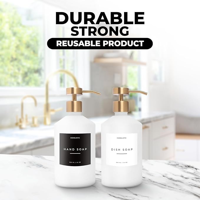 homelistic Matte White Glass Soap Dispenser Set with Champagne Gold Pump – 16oz Refillable Kitchen & Bathroom Soap Dispensers (2 Pack) Rust-Resistant Stainless Steel Pumps, 48 Labels