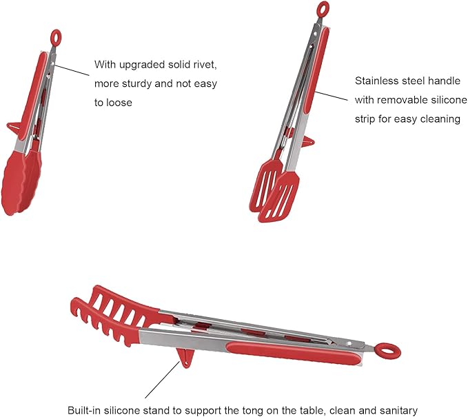 4 Pack Silicone Kitchen Cooking Tongs Set, Stainless Steel Nonstick Food Tong with BPA Free Silicone Tips for Serving Pasta Spaghetti Steak Pie Pizza Salad Vegetable Fruit Grilling BBQ Buffet 9" & 12"