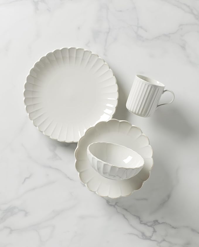 Lenox Dinnerware Set, French Perle Scallop 4-Piece Place Setting, Service For 1, Dinnerware Set, Stoneware, Includes Plates, Bowl, and Mug, Dishwasher And Microwave Safe, Dish Set (White, 4 Piece)