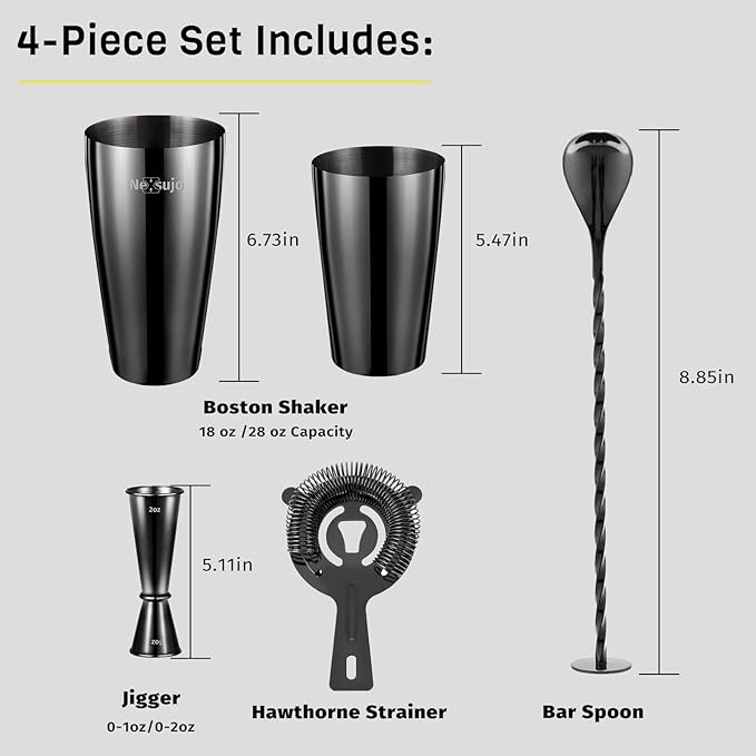 Professional Cocktail Shaker Set, 4-Piece Bar Set, Ideal Bartender Kit with Stainless Steel Boston Shaker, Jigger, Bar Spoon & Hawthorne Strainer, Dishwasher-Safe Bar Tools Set, Black