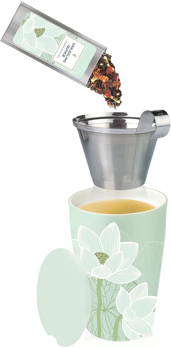 Tea Forte Double-Walled Ceramic Kati Cup, Removable Stainless Steel Infuser Basket and Lid, Steeps 12 oz Loose Leaf Tea, Dishwasher & Microwave Safe, Gifts for Mom, Lotus Blossom