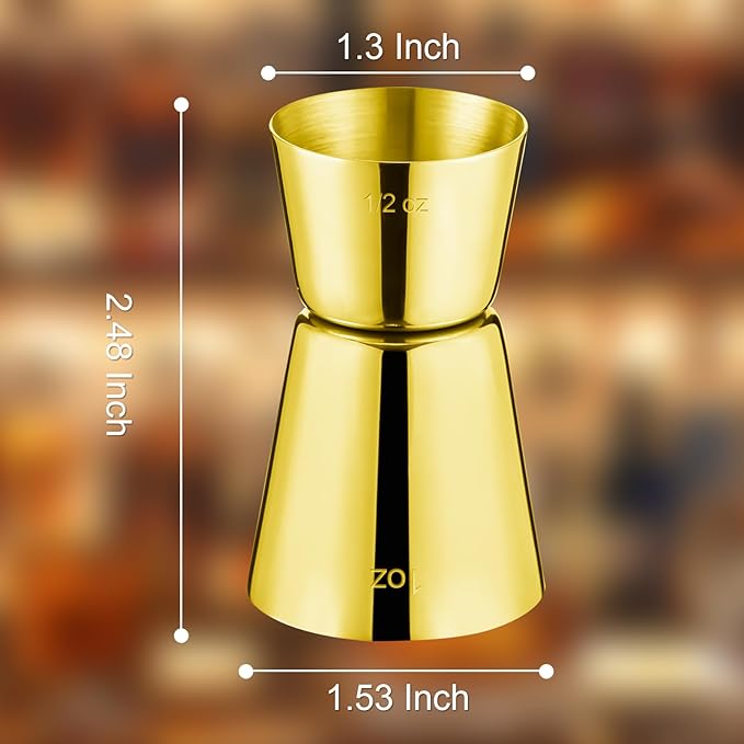 Briout Jigger for Bartending, 2 Pcs Double Cocktail Jigger Japanese Premium 304 Food Grade Stainless Steel Jigger 1 OZ 1/2 OZ, Flat Edge Gold