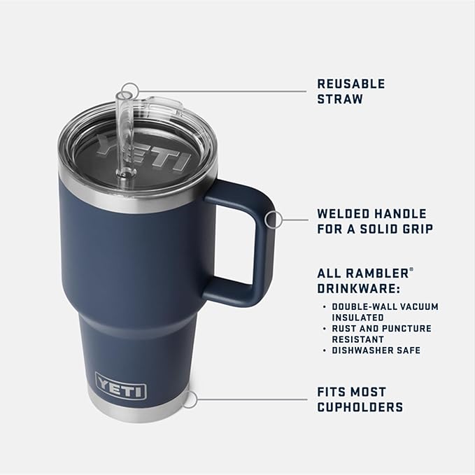 YETI Rambler 35 oz Straw Mug 2.0 - Double-Wall Vacuum Insulation for Cold Beverages – Dishwasher Safe – Cupholder Compatible – Reusable Straw – Comfortable Grip Handle – Travel Mug - Royal Blue