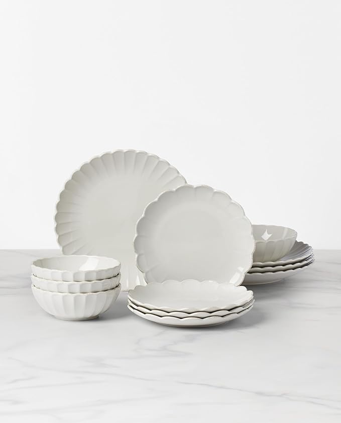 Lenox Stoneware Dinnerware Sets, French Perle Scallop White 12-Piece Dinnerware Set for 4, Service For 4, Dishwasher Safe Dishware, Dishes Set, Stoneware Dinner Plates and Bowls Sets (White, 12 Piece)