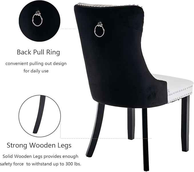 Dining Chairs Set of 6, Upholstered Dining Room Chairs with Back Ring Pull Trim and Solid Wood Legs, Modern Tufted Kitchen Chairs Perfect for Dining Room, White Pu Leather Splicing Black Velvet