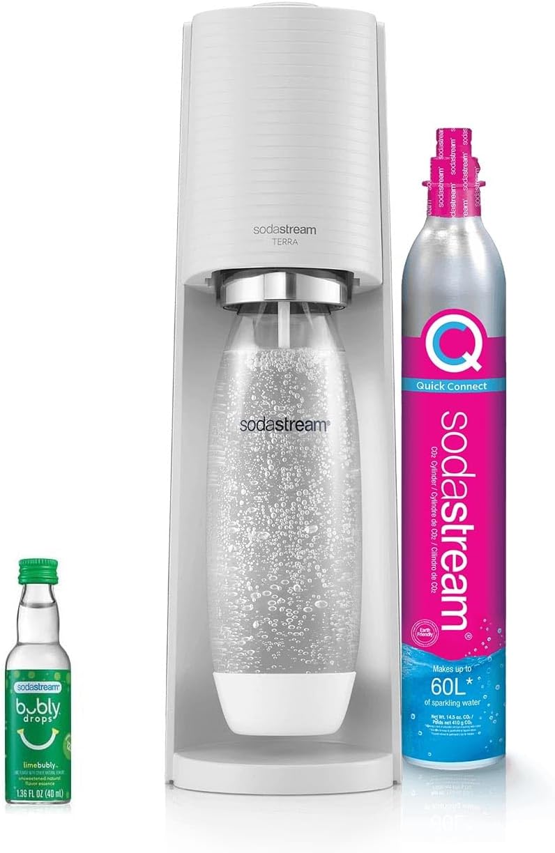 SodaStream Terra Sparkling Water Maker (White) with CO2, DWS Bottle and Bubly Drop