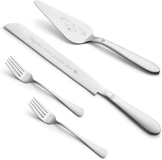 Eisinly Cake Cutting Set for Wedding, Elegant Cake Knife and Server Set with Stainless Steel Forks, Cake Cutter and Pie Spatula for Couples Wedding Registry, Engagements, Anniversary, 4 Pcs, Silver