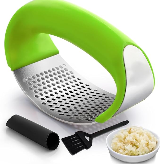 Angel's Peel Lounge Stainless Steel Garlic Press Rocker Set with Silicone Garlic Peeler & Cleaning Brush – Garlic Chopper, Mincer, Grater, Crusher – Easy for Crushed Cloves – Rust-Resistant, Green