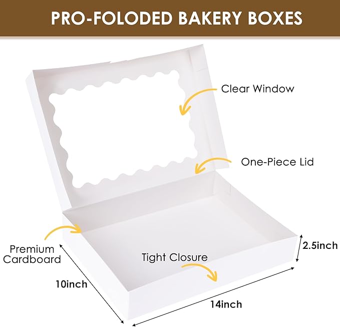 Moretoes 24pcs Bakery Boxes, 14x10x2.5 Inch Treat Boxes with Window for Chocolate Covered Strawberries, Donuts, Pies, Muffins and Pastries (White)