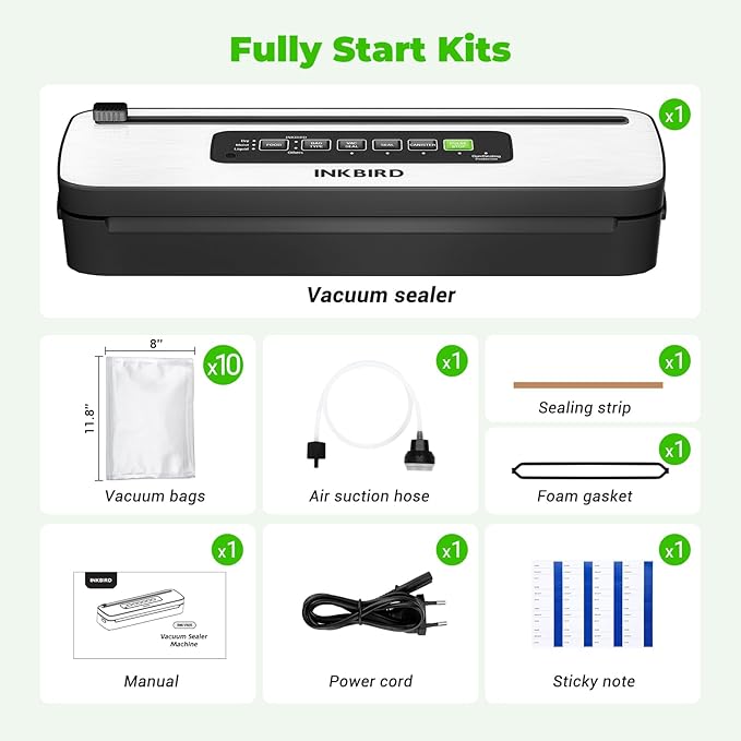 Vacuum Sealer Machine, INKBIRD Powerful 130W High Power with Liquid/Moist/Dry 6-Food Modes, Compact Food Preservation System with Cutter, Full Start Kit with Pre-cut Bags*10 (8''*11.8''), EXT-VAC