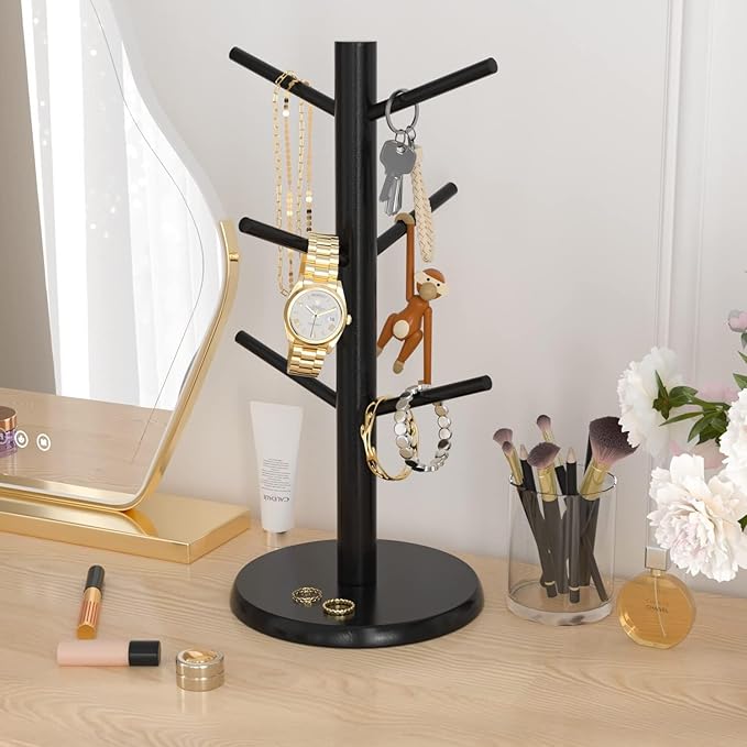 Wisuce Black Coffee Mug Tree, Updated Thick Bamboo Mug Holder Base,Coffee Cup Stand Mug Holders with 6 Hooks for Countertop Cup Rack Organizer Stand (Black)