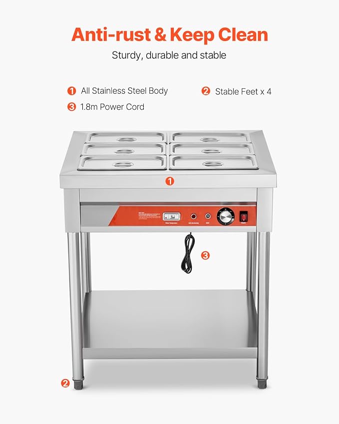 Happybuy 6-Pan Commercial Food Warmer, 1500W Electric Steam Table with Undershelf, Stainless Steel Buffet Server for Restaurants, Parties, and Hotels