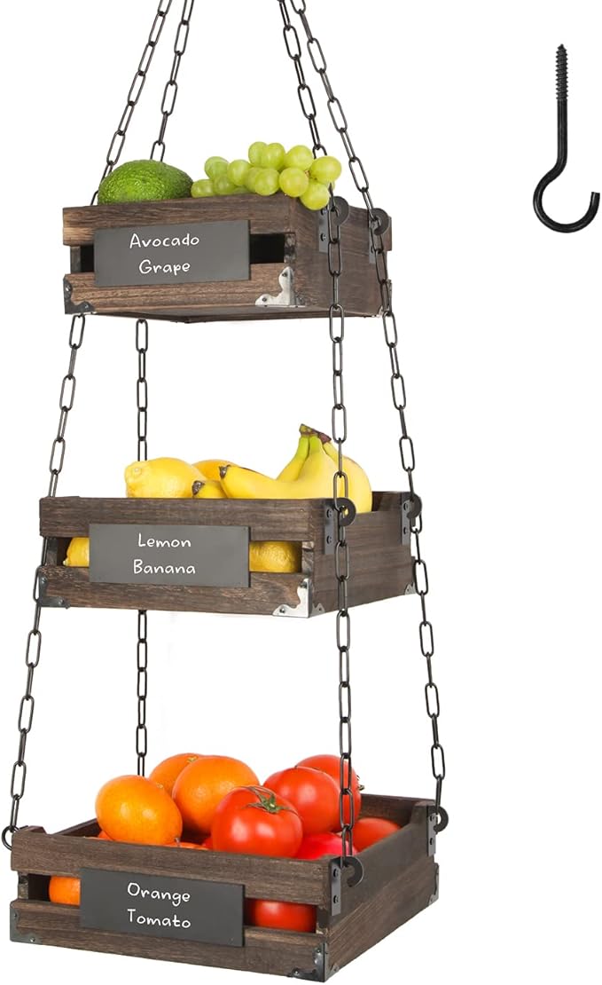 J JACKCUBE DESIGN 3-Tier Rustic Wood Hanging Fruit Basket, Kitchen Fruit, Vegetable Storage Organizer, Countertop Space Saver- Heavy Duty Metal Hooks- MK1008A