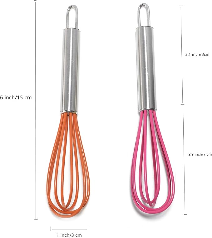 Mini Whisks 6 inch 2Pcs Stainless Whisk+silica gel, Hand Egg Mixer for Flour Cake Egg, Kitchen Cooking Baking Use Whisk