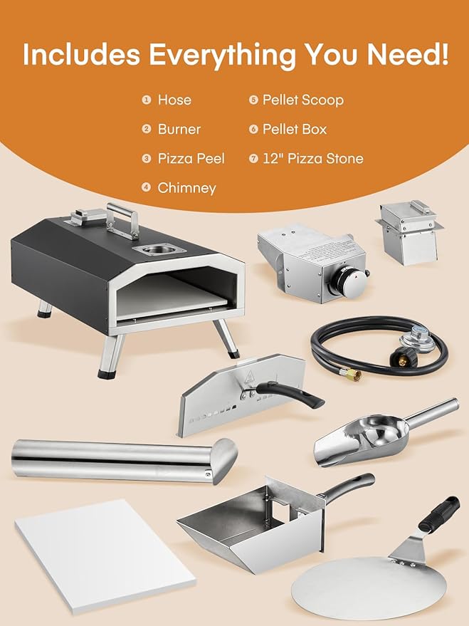 Outdoor Pizza Oven, 12inch Portable Wood Pellet and Gas Pizza Oven, Heats up to 1000°F, with Gas Hose & Pizza Stone, Tabletop Stainless Steel Pizza Oven for Backyard, Camping, Picnics, Black