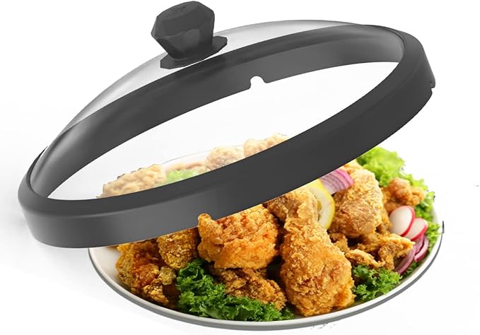 Microwave Glass Cover Splatter Guard Lid with Anti-scald Silicone Handles and Vented Edge for Food Pot Plate Cover 10.5 inch Diameter Black Height 3.35 inches