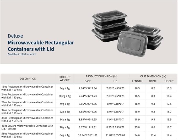 TIYA Food Containers - 24 oz Bulk 150 Pack with Lids - Rectangular Plastic To-Go Containers - Reusable, Microwavable, Dishwasher Safe - Leak-Proof for Meal Prep - BPA-Free
