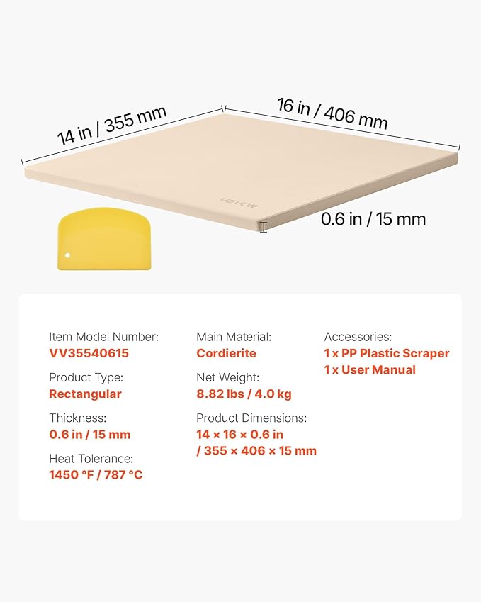 VEVOR Pizza Stone, 16 x 14 x 0.6 Inch Rectangular Cordierite Pizza Stone, Large Baking-Stone with Scraper, 1450℉ Heat-Resistant Cordierite Cooking Stones for Kitchen Bake Oven, BBQ Grill