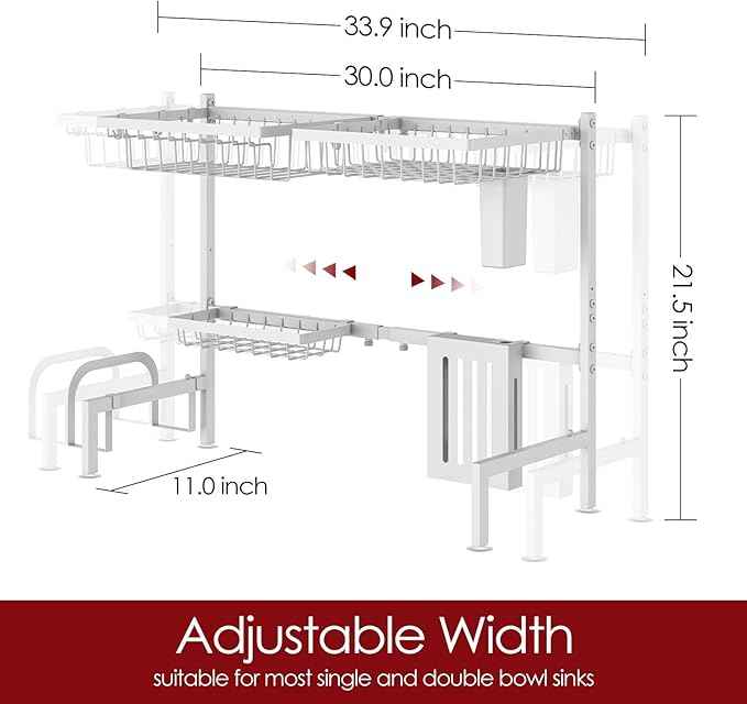 Over The Sink Dish Drying Rack - Adjustable 2 Tier Large Capacity Stainless Steel Drainer with Cutlery & Utensil Holders, Kitchen Storage & Organization, 30"-33.9" L x 11" W x 21.5" H, White