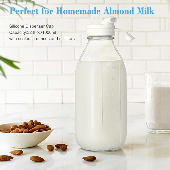 4 Pack 1 Liter Glass Milk Bottles w Scale, 100% Airtight Heavy Duty Screw Lid - 32 Oz Drinking Jars w 2 Pour Spouts - Glass Bottles for Milk, Honey, Jam, Creamer - Dishwasher Safe(Extra 2 Lids)