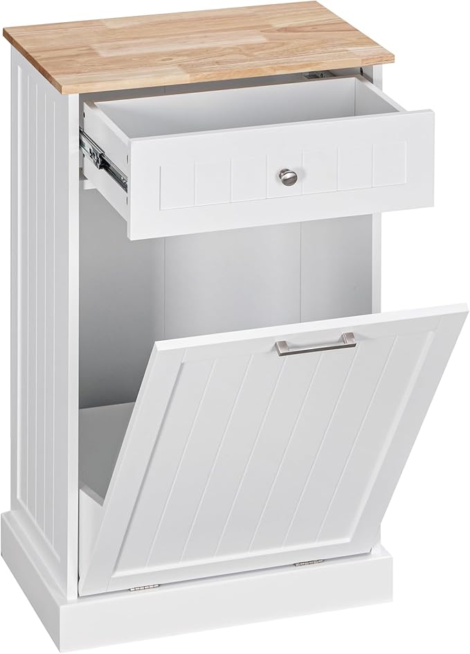 HOMCOM 10 Gallon Tilt Out Trash Cabinet, Wooden Hidden Trash Can with Storage Drawer for Kitchen, Laundry Hamper Cabinet for Bathroom, White