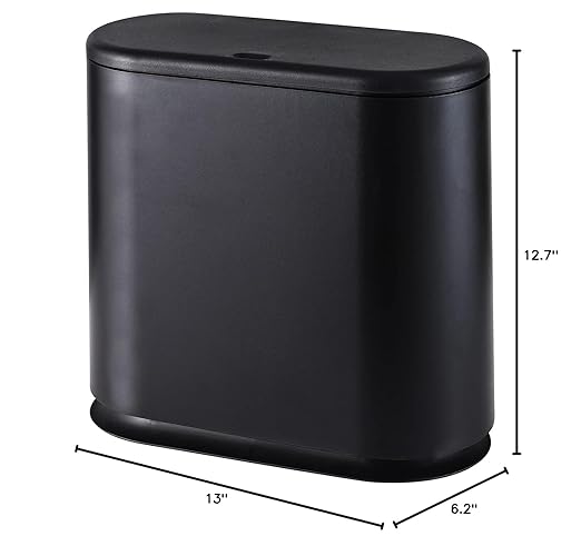 12L Black Slim Bathroom Trash Can with Press Top Lid,3.17 Gallon Pet/Dog Proof Kitchen Trash Can,Thin Garbage Can,Covered Wastebasket,Narrow Small Plastic Trashcan for Craft Room,Bedroom,Office,Dorm