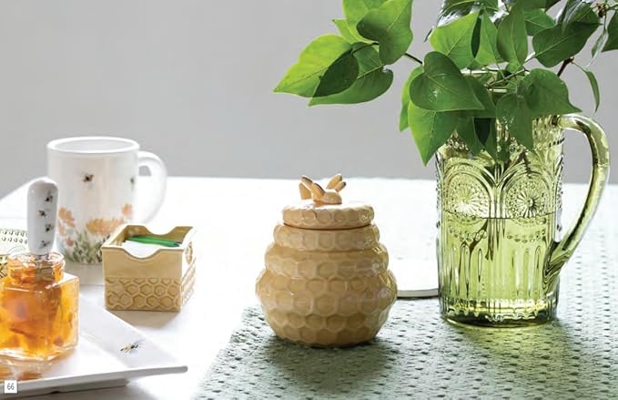 Boston International Embossed Stoneware Honey Pot Jar and Dipper, 2-Piece Set, Honeycomb