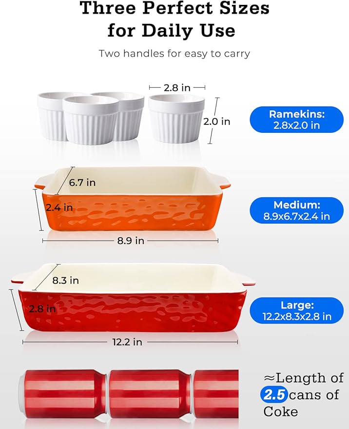 Ceramic Baking Dish and Ramekins Set Casserole Dish with Handles Packaging Upgrade Nonstick Ceramic Bakeware Ramekins Bowls for Baking Souffle, Cooking, Cakes, Lasagna & Gift, Red