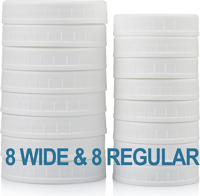AOZITA 16-Pack Plastic Mason Jar Lids - 8 Regular Mouth and 8 Wide Mouth Jar Lids - Plastic Storage Caps for Ball, Kerr Canning Mason Jars - 100% Sealing & Dishwasher Safe & Food Grade