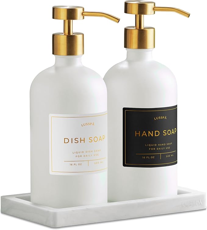 Glass Soap Dispenser Set of 2 (White) with Silicone Tray | Hand and Dish Soap Dispenser for Kitchen and Bathroom | 16.8 Oz Glass Bottles with Stainless Steel Pump & 15 Waterproof Labels (White/Gold)