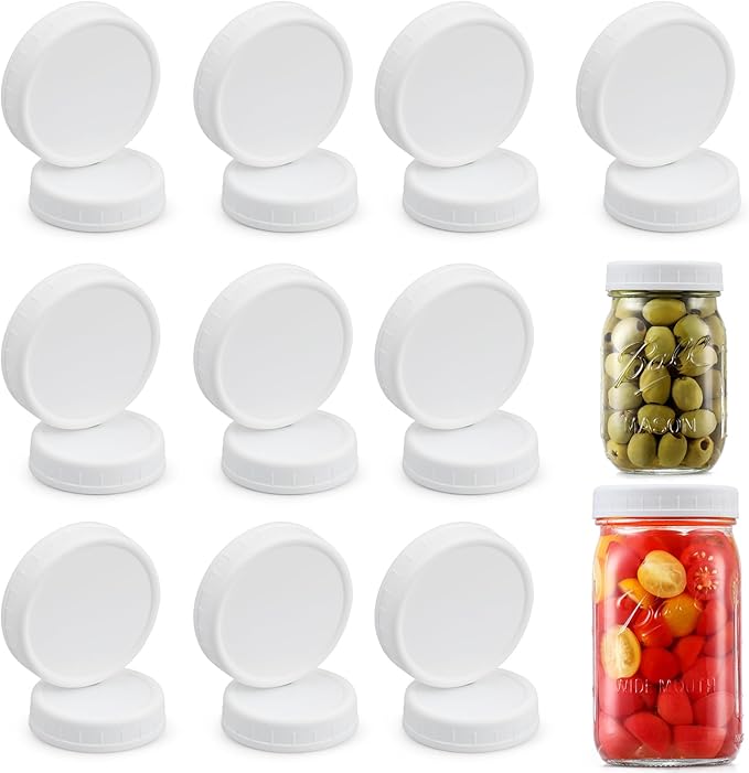 AOZITA 10 WIDE Mouth & 10 REGULAR Mouth Mason Jar Lids - 20 Pack Food Grade Plastic Mason Jar Caps for Ball, Kerr and More Canning Jars - Leakproof & Dishwasher Safe - White