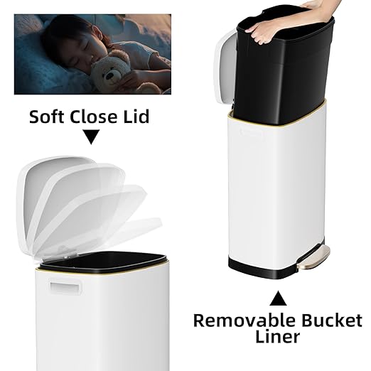 KdbK 13 Gallon Trash Can with Lid, 50L Fingerprint Proof Stainless Steel Kitchen Trash Can with Removable Inner Bucket and Lid Soft Close, Pedal Rubbish Bin for Home Office, White