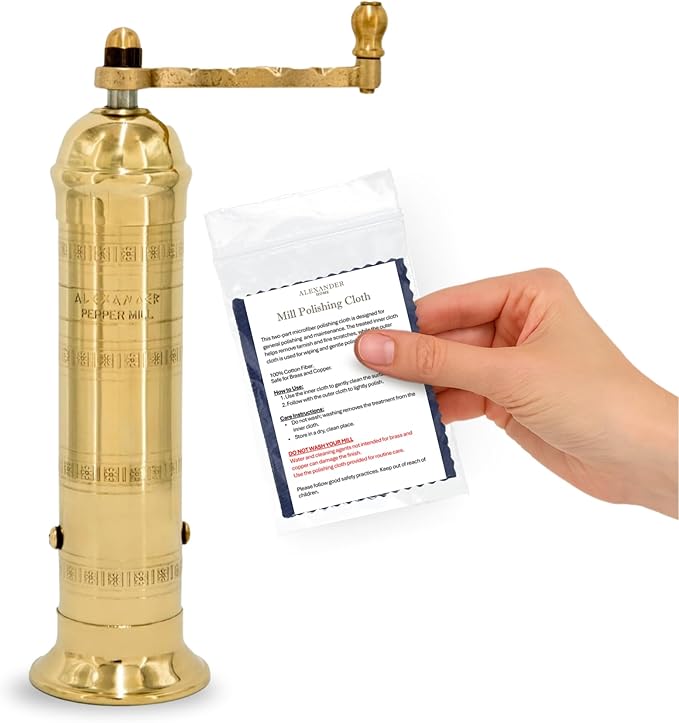Alexander Home The Original Greek Pepper Mill 8 Inch Tall | European Pepper Mill Grinder with Crank Handle | Manual Pepper Grinder | Peppercorns Refillable - Brass