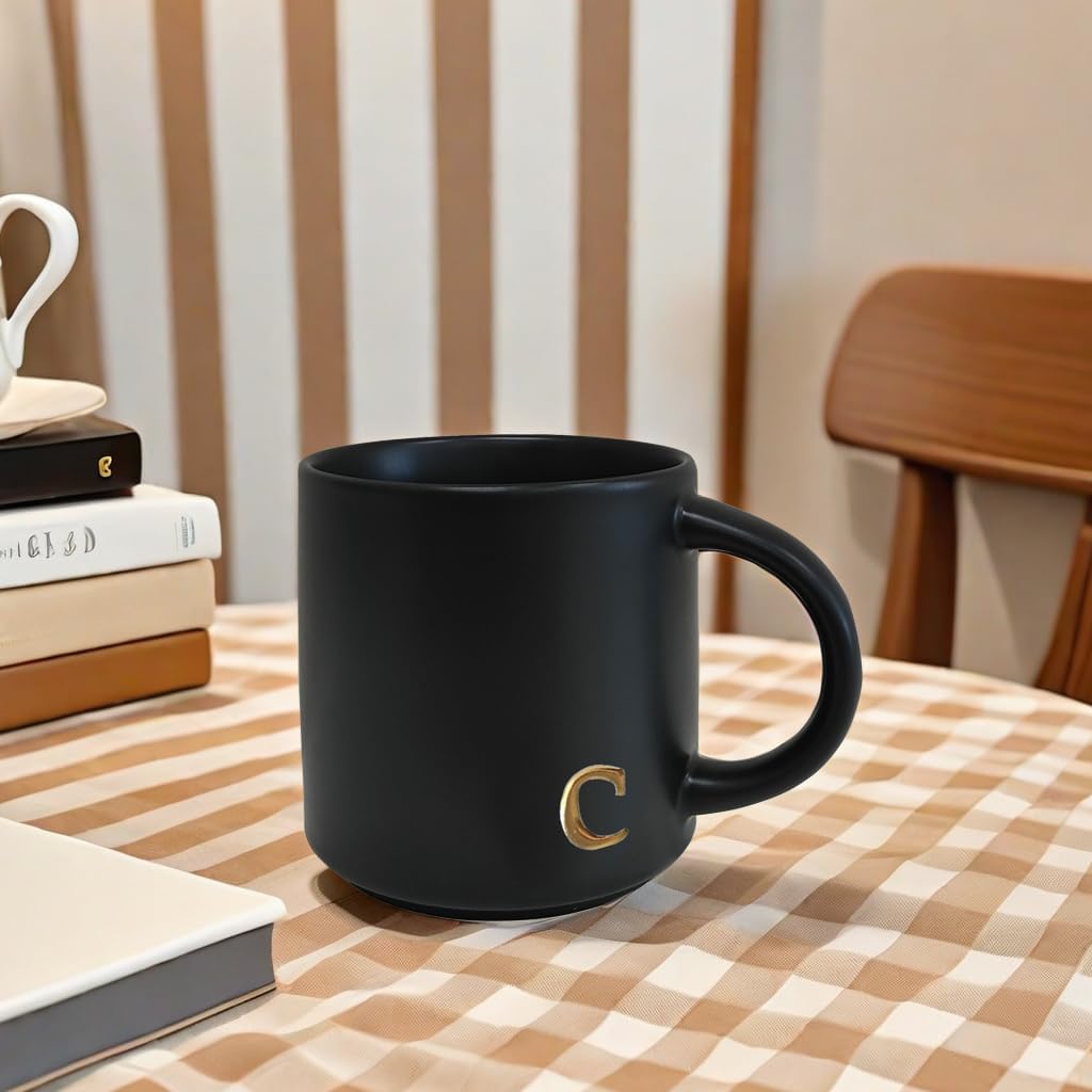 COLLECTIVE HOME - Black Monogram Ceramic Mugs, 15 oz Golden Initial Coffee Cups, Elegant Alphabet Tea Mugs, Personalized Halloween Mug with Gift Box, Perfect for Office and Home Décor (c)